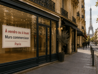 À vendre ou à louer : murs commerciaux à Paris devant une vitrine de local commercial.