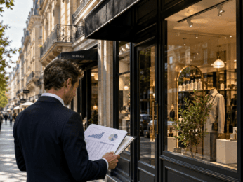 Investisseur analysant le rendement d'un local commercial à Paris devant une boutique louée