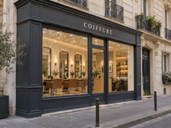 Devanture d’un salon de coiffure avec fauteuils et miroirs visibles dans une rue parisienne.